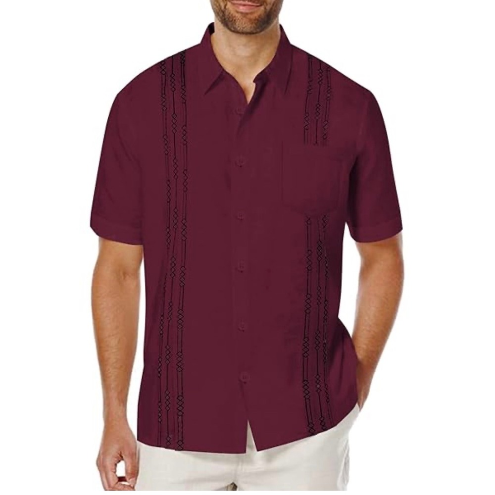 COOFANDY Mens Burgundy Guayabera Cuban Camp‎ Shirt Casual Short Sleeve XL